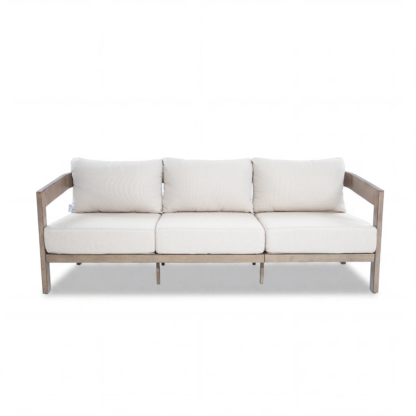 Modern outdoor sofa with white cushions on a white background