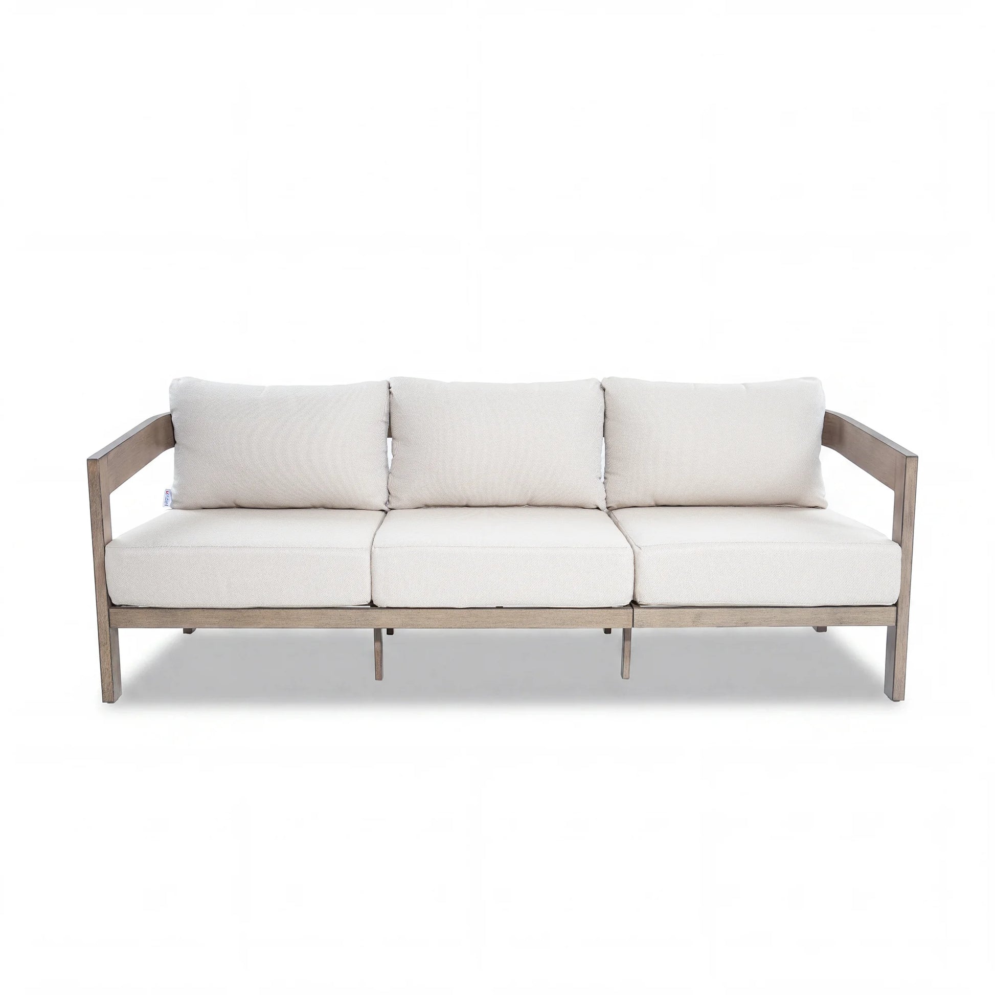 Modern outdoor sofa with white cushions on a white background