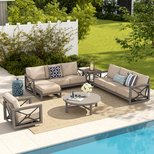Outdoor patio Sectional set with beige cushions by a pool