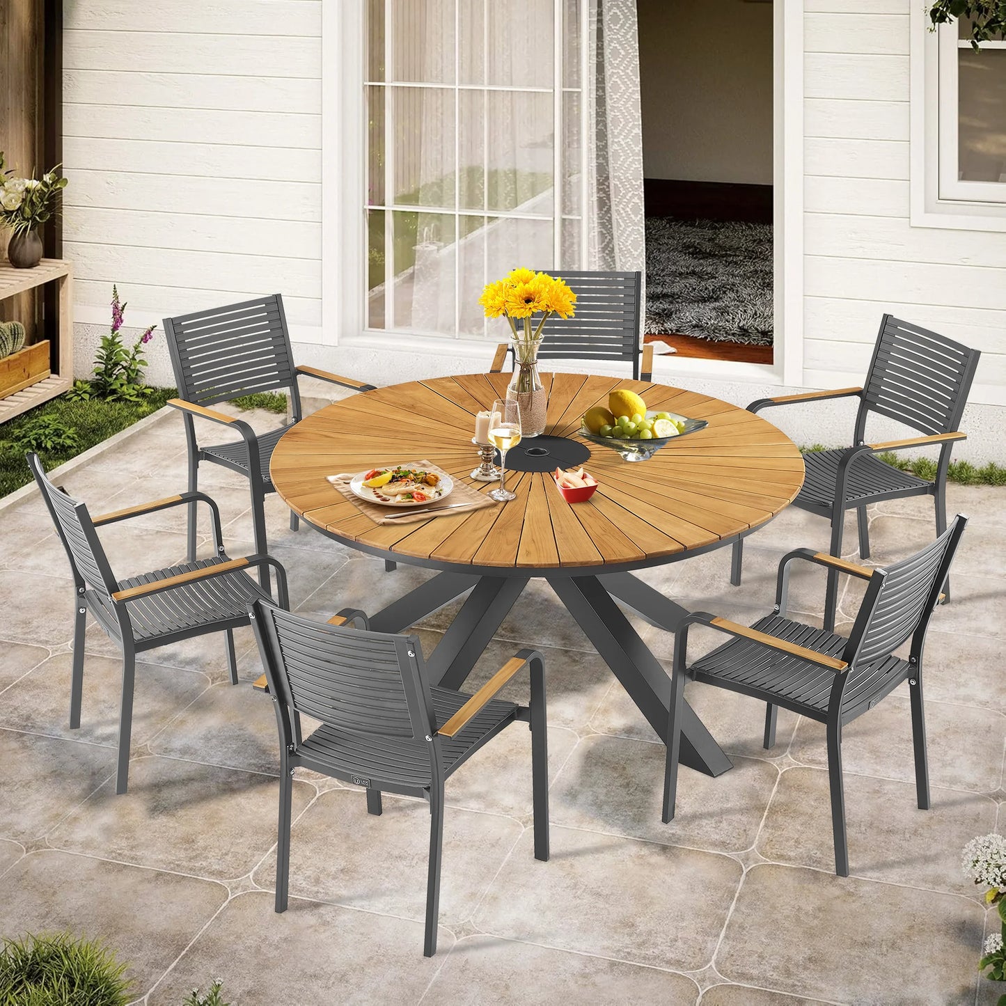 PEAKHOME Nuova Aluminum/Teak Outdoor Dining Set With Stackable Chair