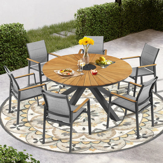 PEAKHOME Nuova Patio Teak Round Dining Set Whit Textilene Chair