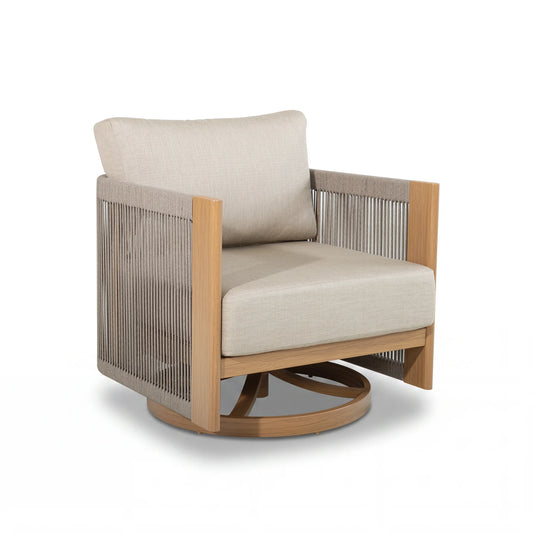 Beige armchair with wood-look frame and swivel base on a white background
