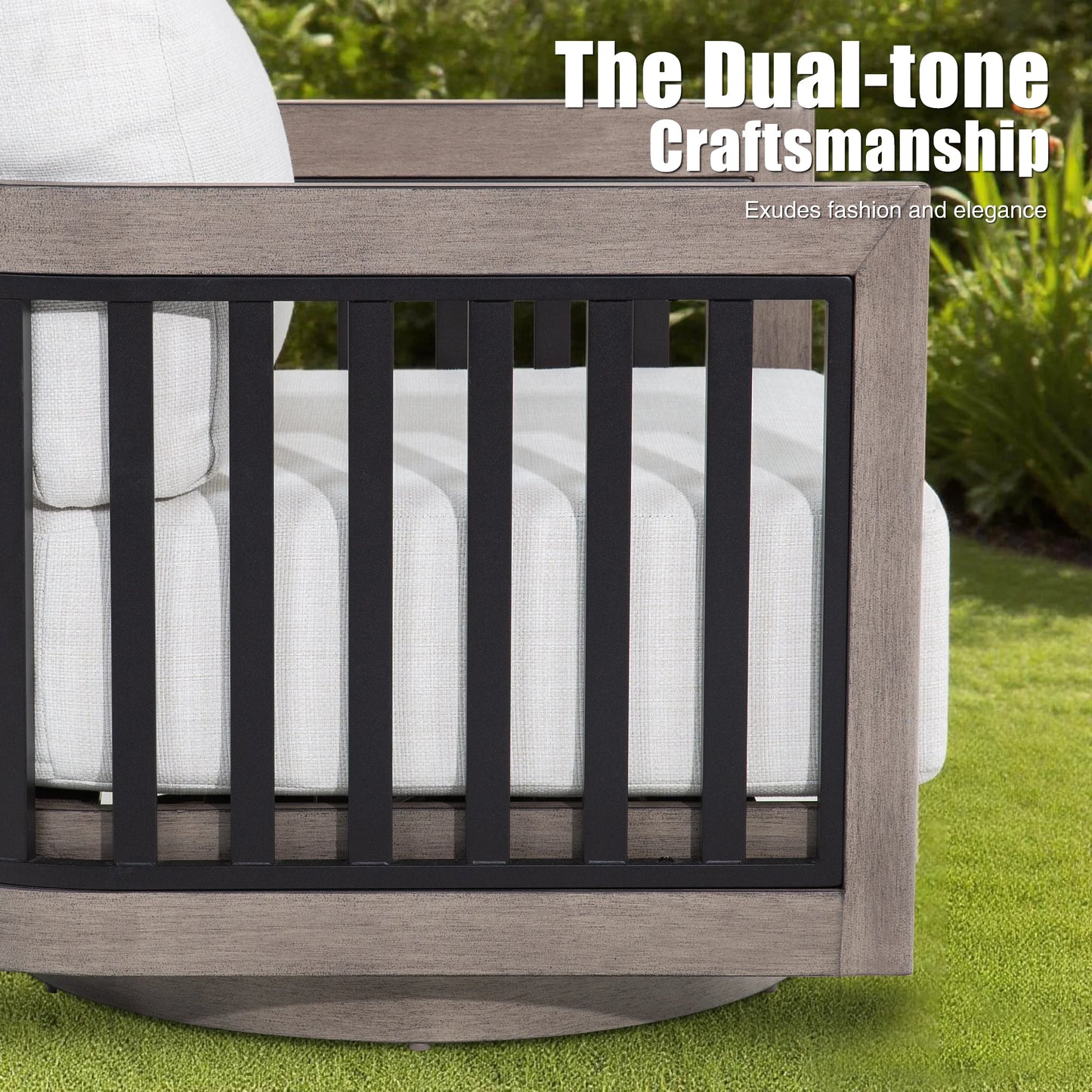 Sereno Outdoor Aluminum Sofa Set With Swivel Chairs and Round Coffee Table