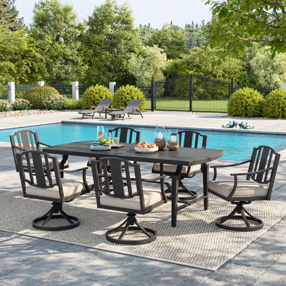 Outdoor dining set with table and chairs by a poolside