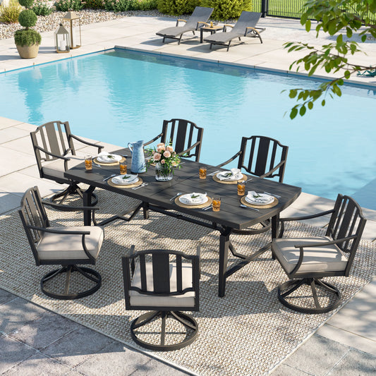 Outdoor dining set with table and chairs by a pool