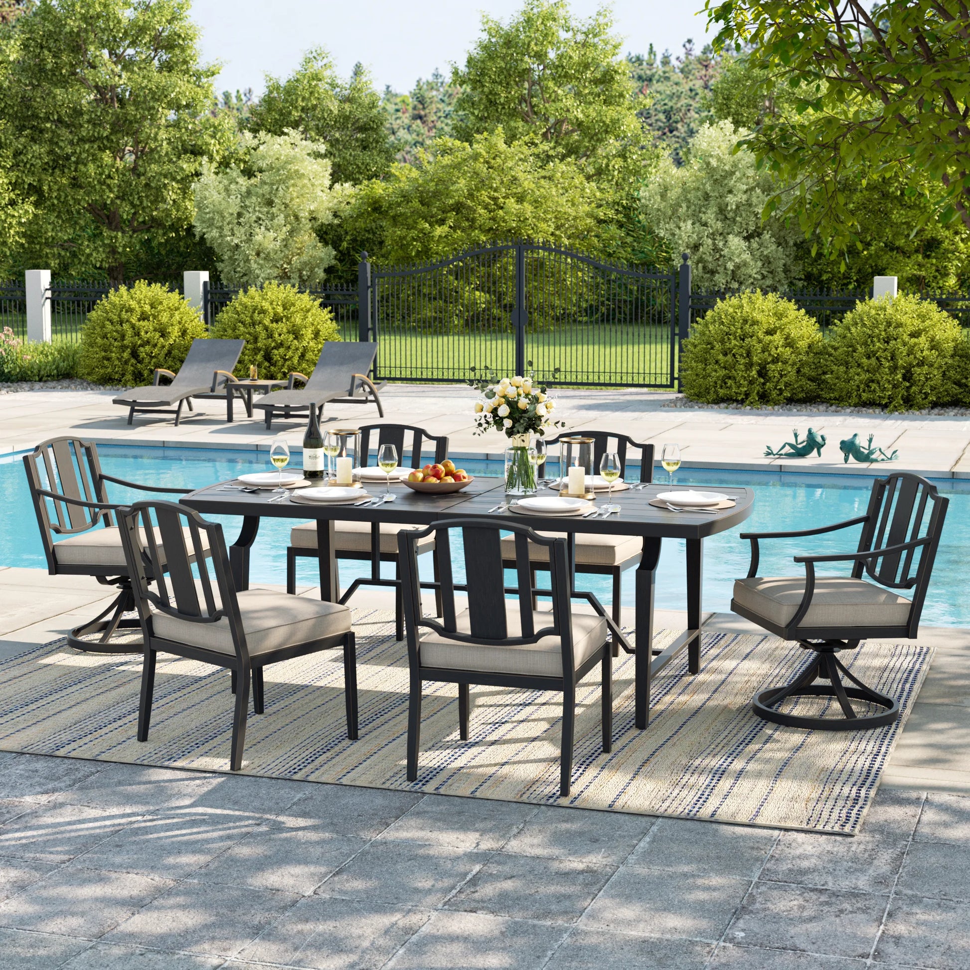 Outdoor dining set with table and chairs by a poolside