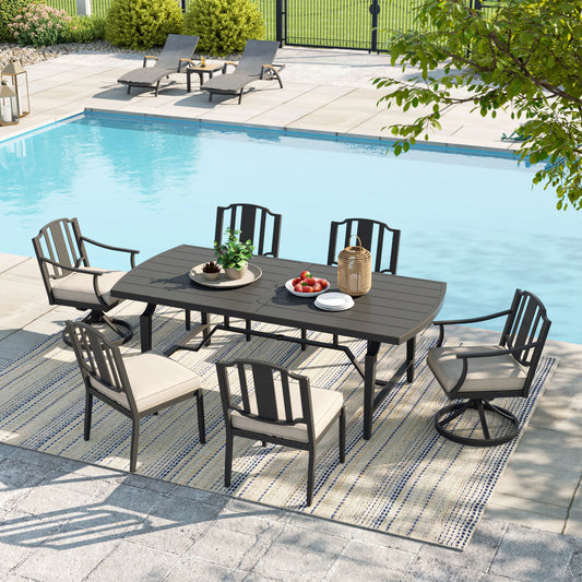Outdoor patio set with table and chairs by a pool