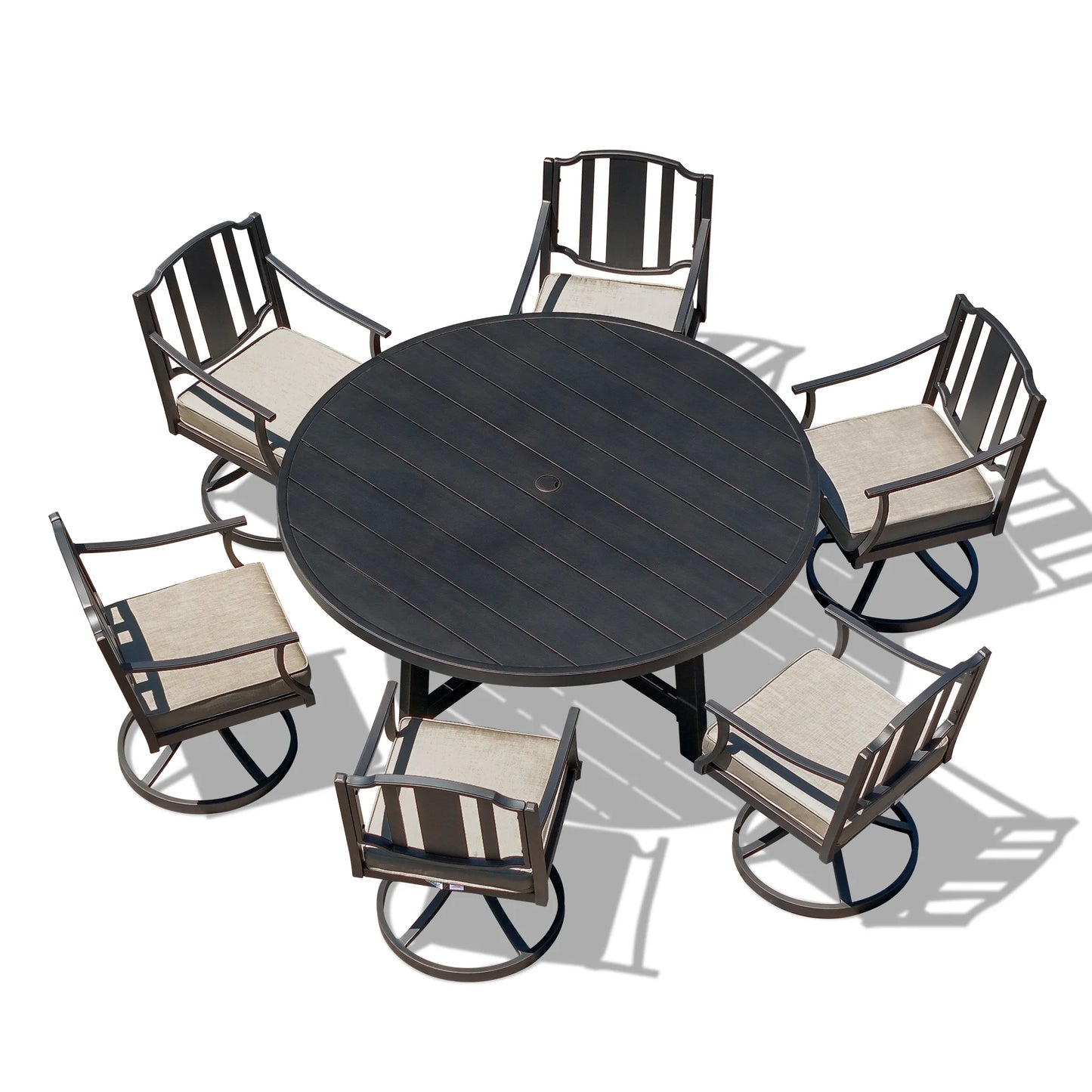 Round black outdoor table with six matching swivel chairs