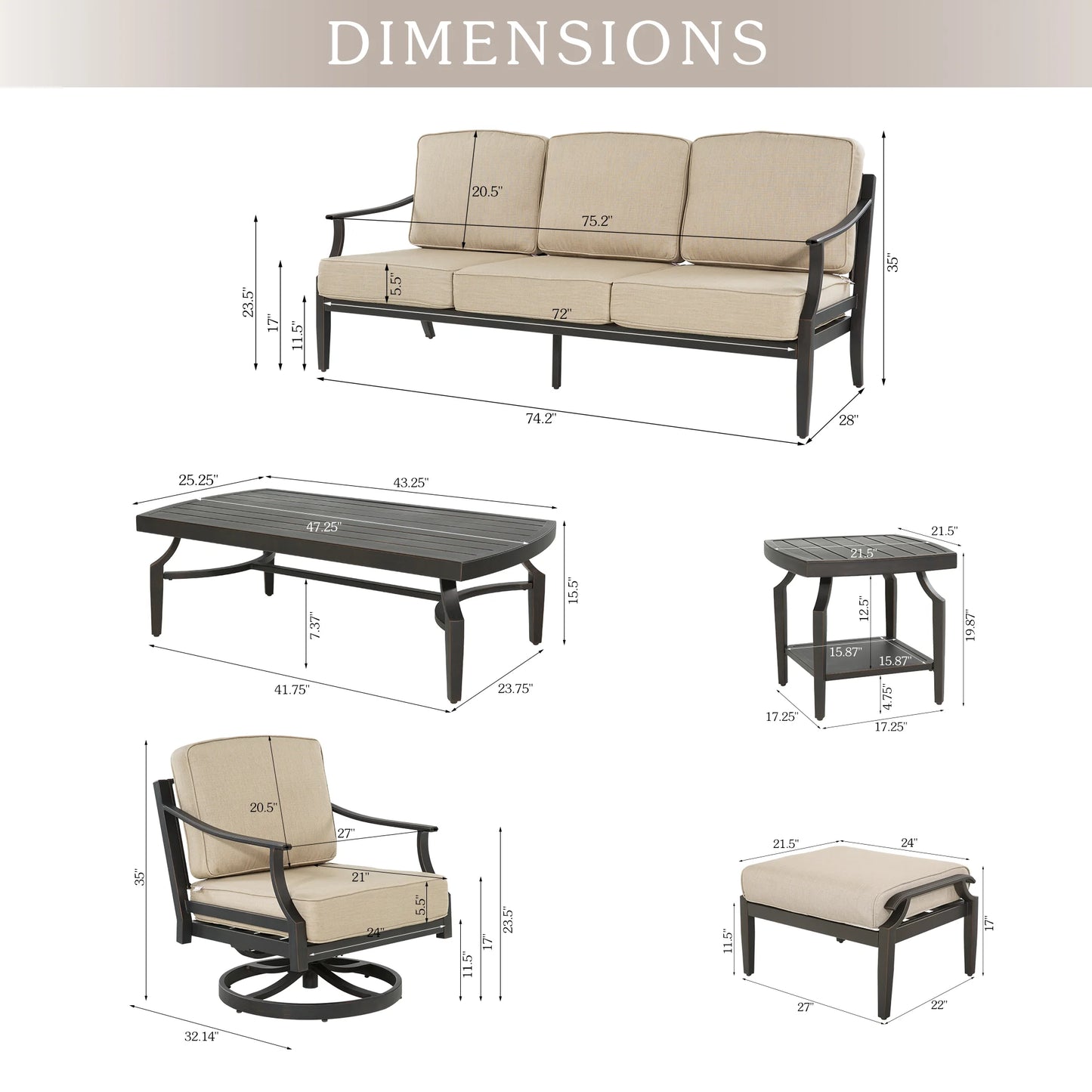 Tamarin 5-Seats Conversation Sofa set with 2 Ottomans