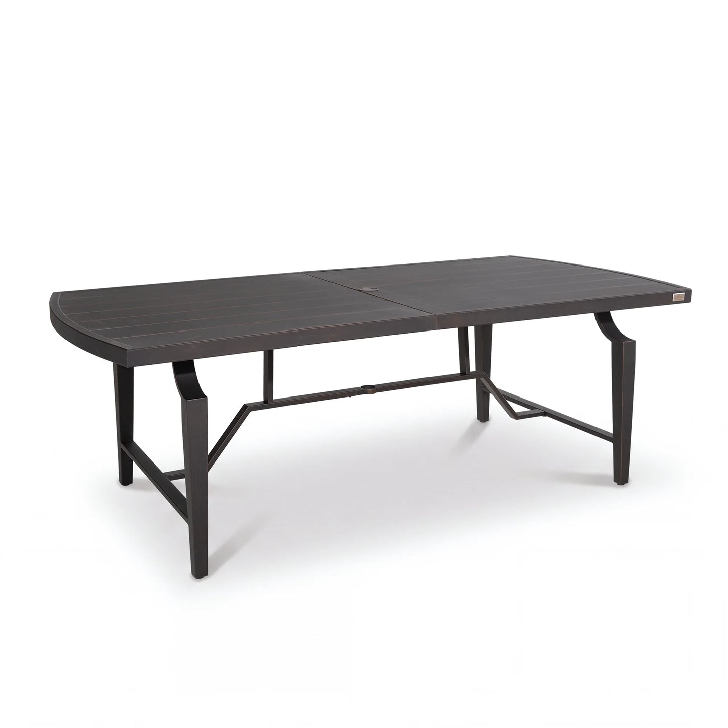 Dark brown outdoor table with metal legs on a white background