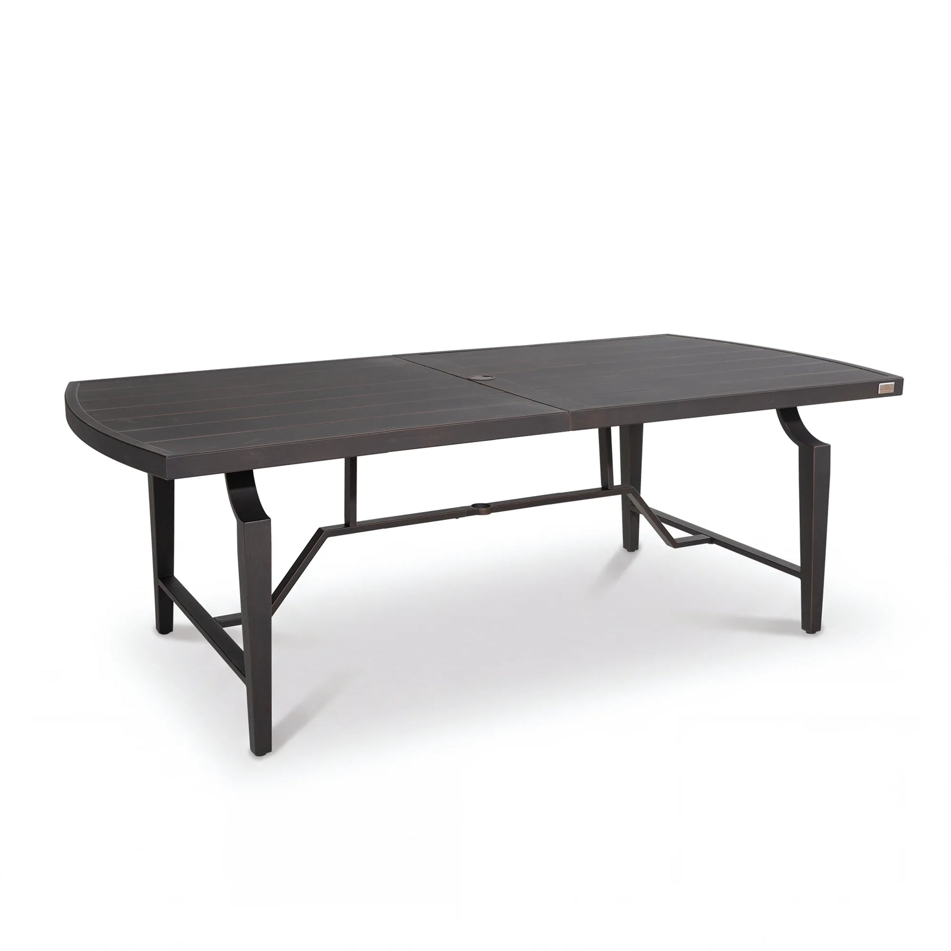 Dark brown outdoor table with metal legs on a white background