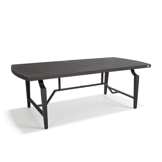 Dark brown outdoor table with metal legs on a white background