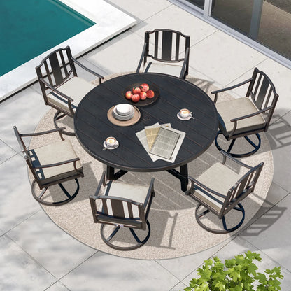 Outdoor dining set with a round table and six chairs on a patio.