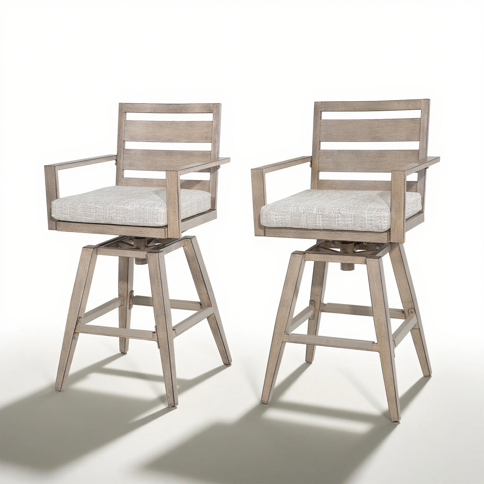 Two wooden bar stools with cushioned seats 