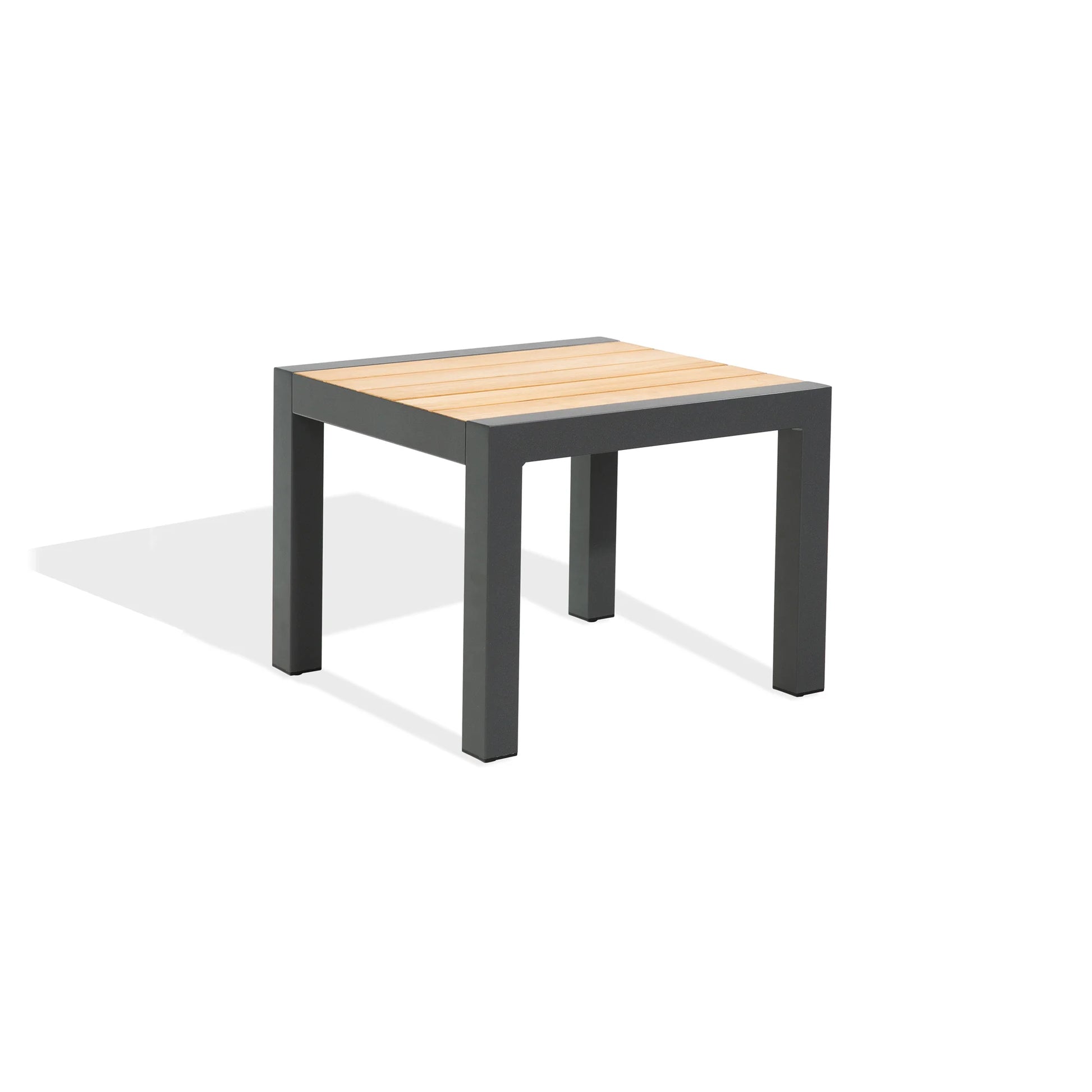 Square table with wooden top and black metal frame on a white background