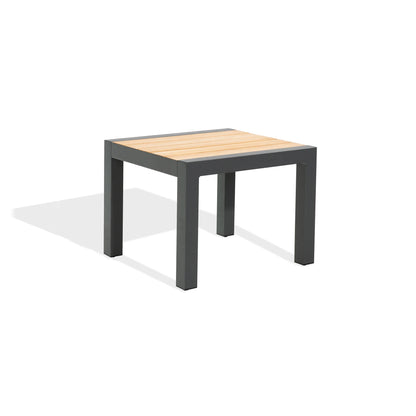 Square table with wooden top and black metal frame on a white background