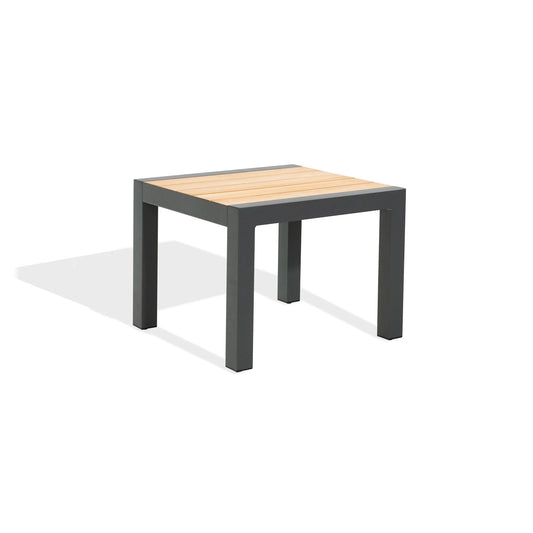 Square table with wooden top and black metal frame on a white background