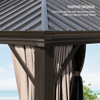 Gazebo with a triangular design and aluminum poles, featuring curtains and a clear sky background.