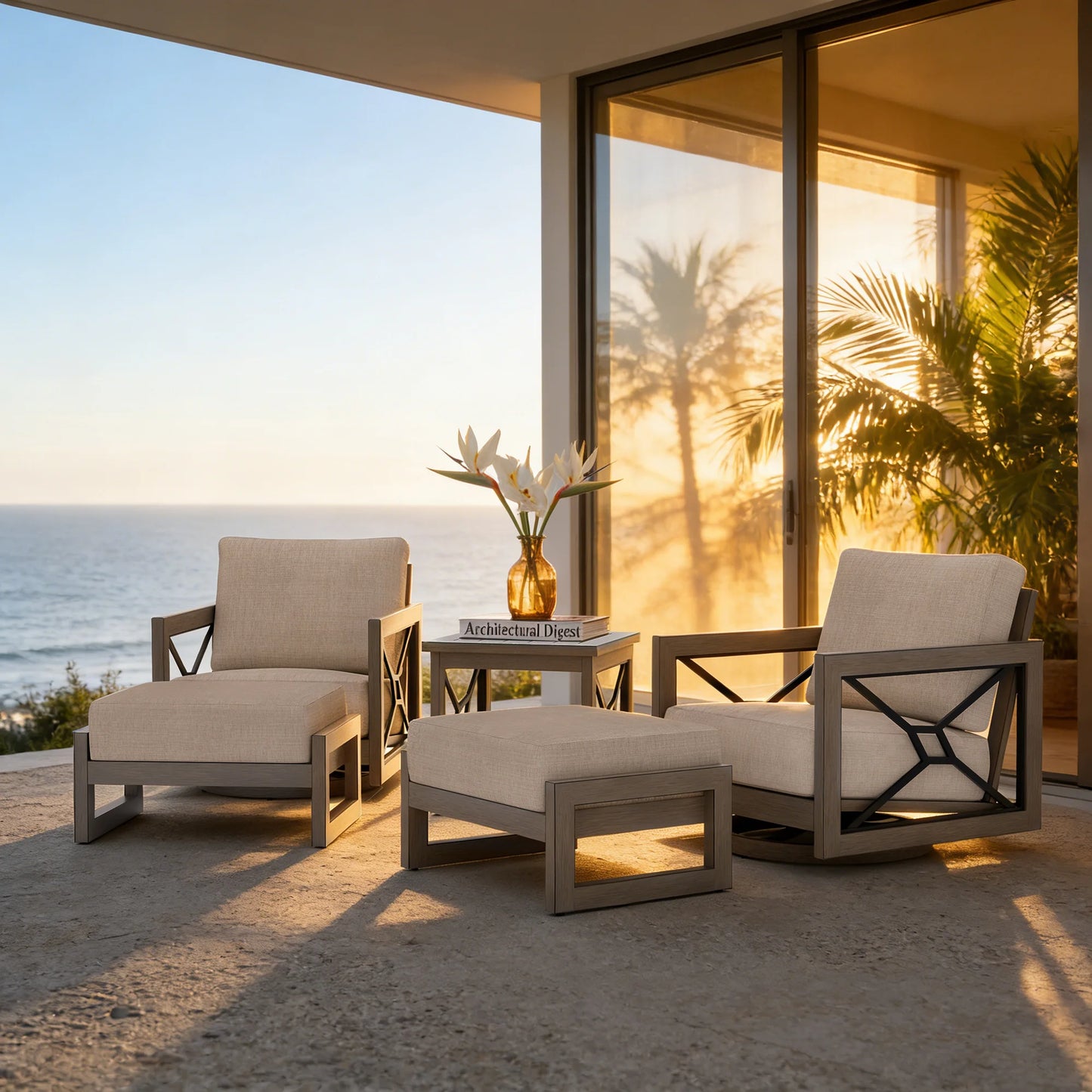 Outdoor furniture set with chairs and table on a patio overlooking the ocean at sunset.