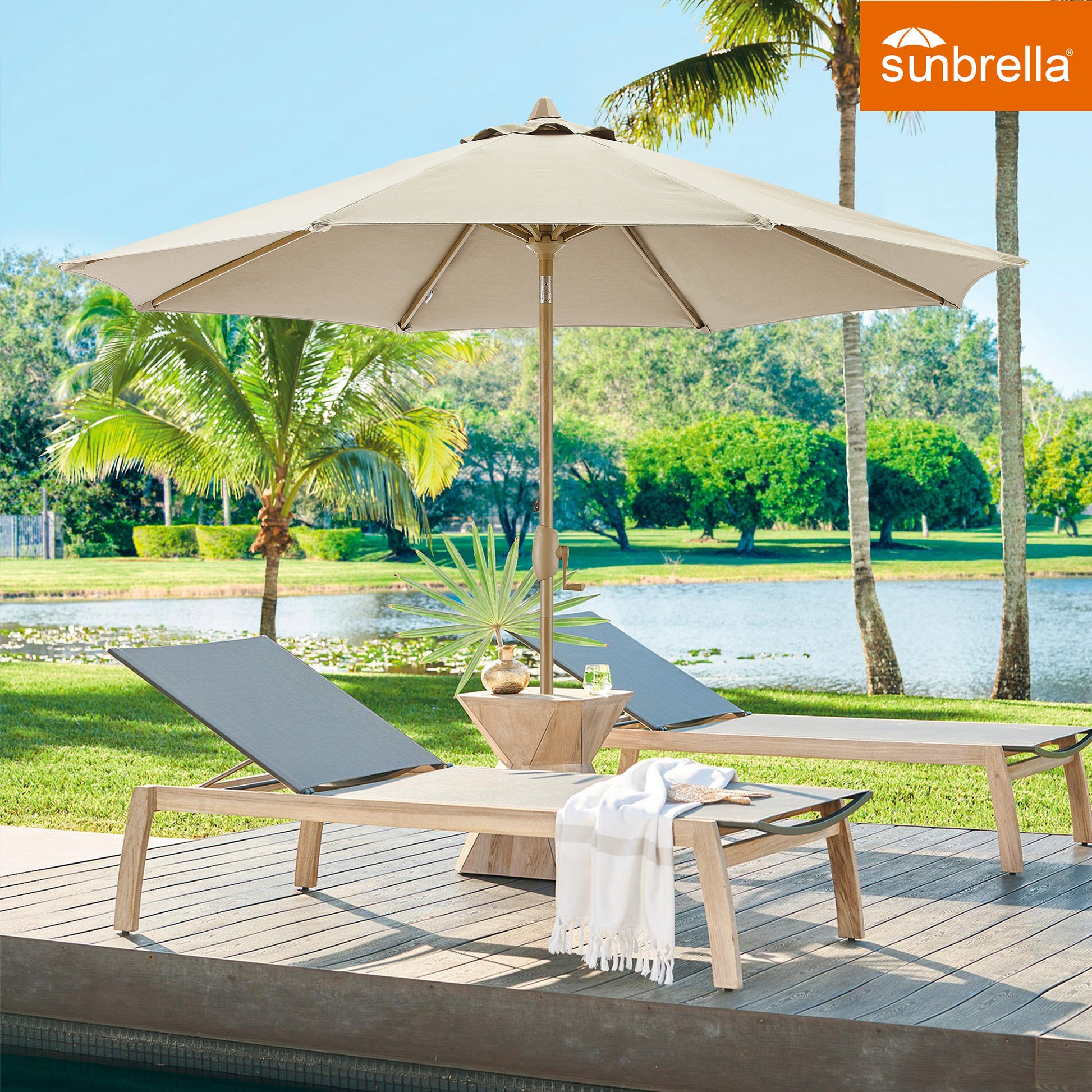 at home patio umbrella wood PATIO TREE Patio Umbrella Manual Tilt With Natural Wood Grain Frame (Sunbrella® Heather Beige)