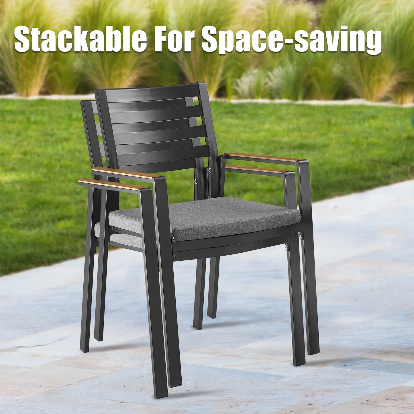 Slim Outdoor Aluminum Dining Armchair with Teak Armrests and Olefin Cushion Set of 2