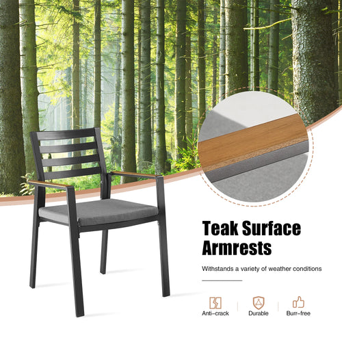 PEAKHOME Slim Outdoor Aluminum Dining Armchair with Teak Armrests and Olefin Cushion Set of 2