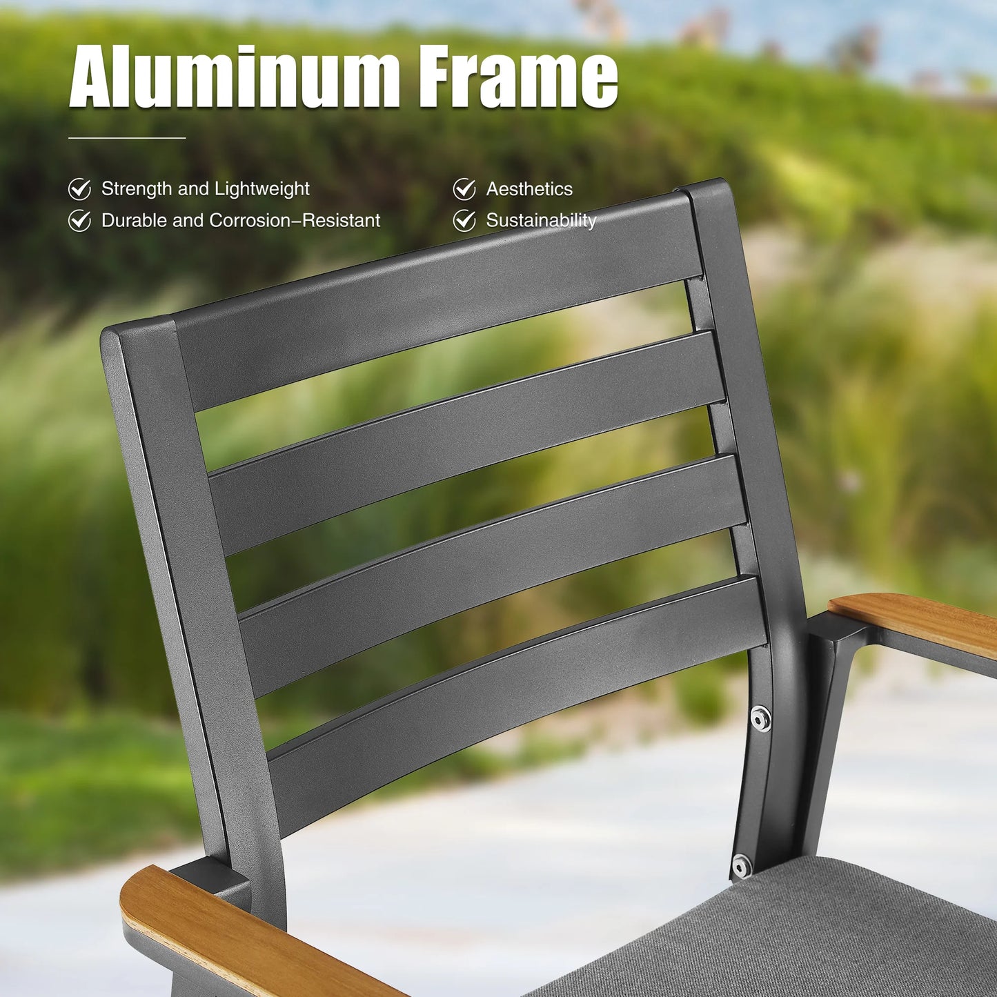 Slim Outdoor Aluminum Dining Armchair with Teak Armrests and Olefin Cushion Set of 2