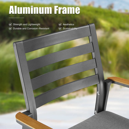 Slim Outdoor Aluminum Dining Armchair with Teak Armrests and Olefin Cushion Set of 2