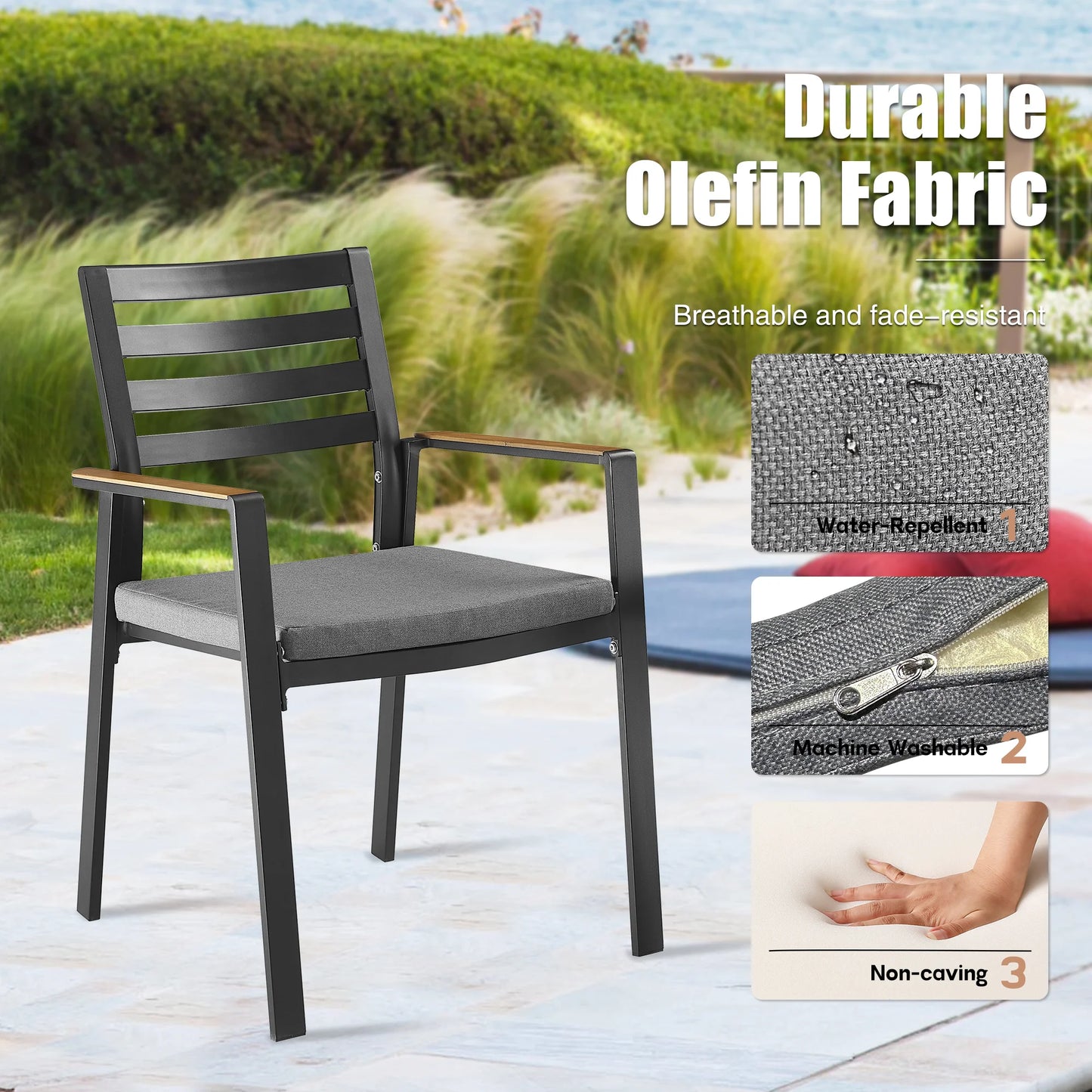 Slim Outdoor Aluminum Dining Armchair with Teak Armrests and Olefin Cushion Set of 2