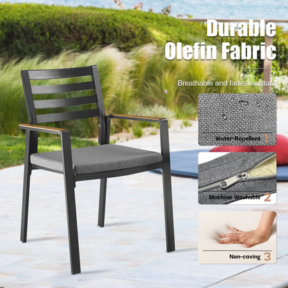 Slim Outdoor Aluminum Dining Armchair with Teak Armrests and Olefin Cushion Set of 2