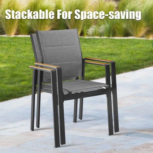 PEAKHOME Slam Stackable Patio Aluminum Textilene Dining Chair With Teak Armrests and Foam Padded Set of 2