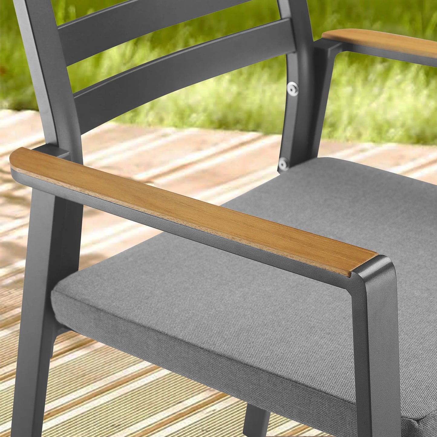 Slim Outdoor Aluminum Dining Armchair with Teak Armrests and Olefin Cushion Set of 2