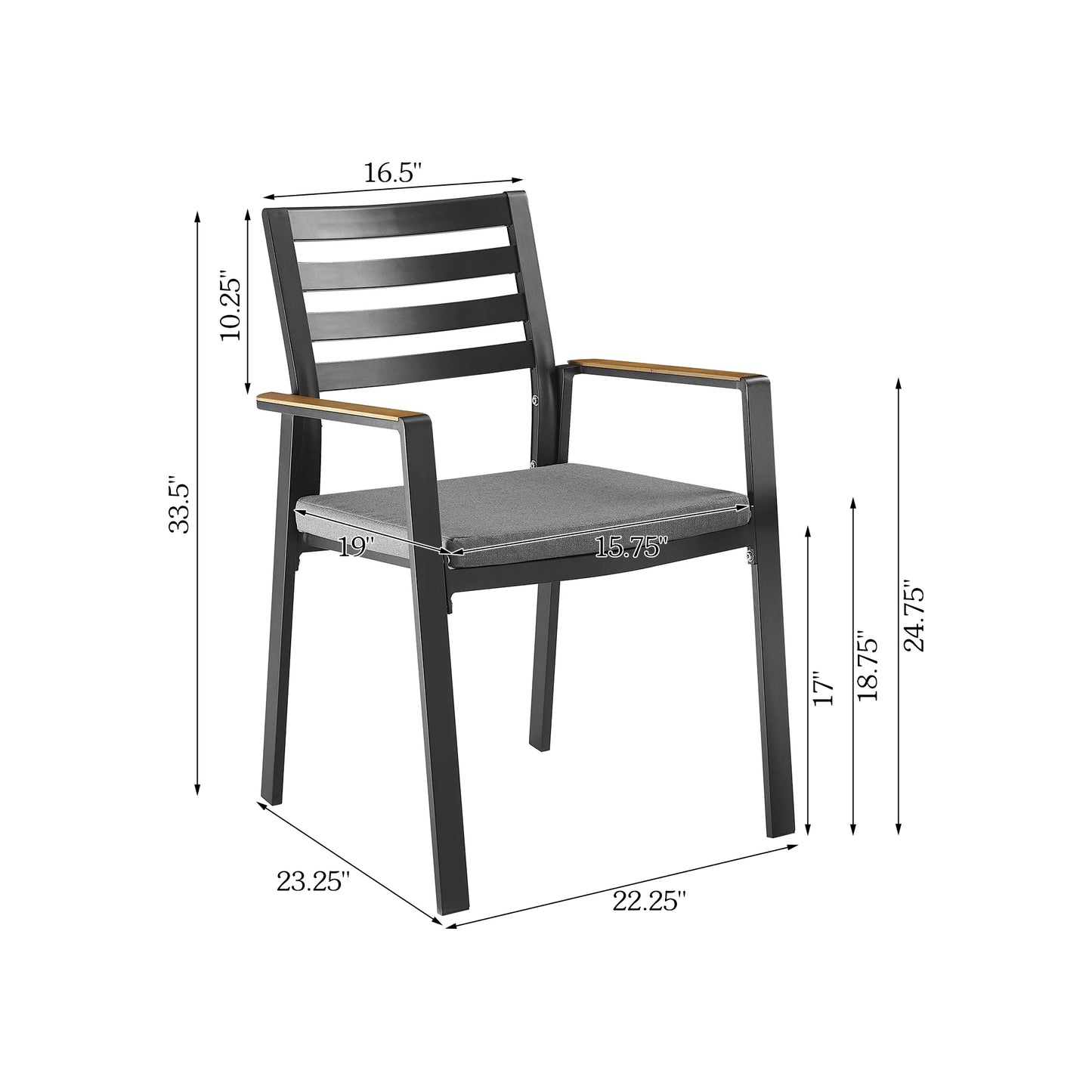 Slim Outdoor Aluminum Dining Armchair with Teak Armrests and Olefin Cushion Set of 2
