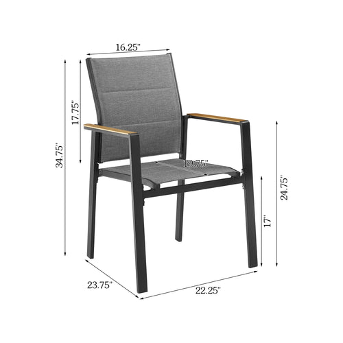 PEAKHOME Slam Stackable Patio Aluminum Textilene Dining Chair With Teak Armrests and Foam Padded Set of 2