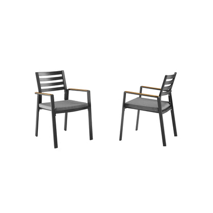 Slim Outdoor Aluminum Dining Armchair with Teak Armrests and Olefin Cushion Set of 2