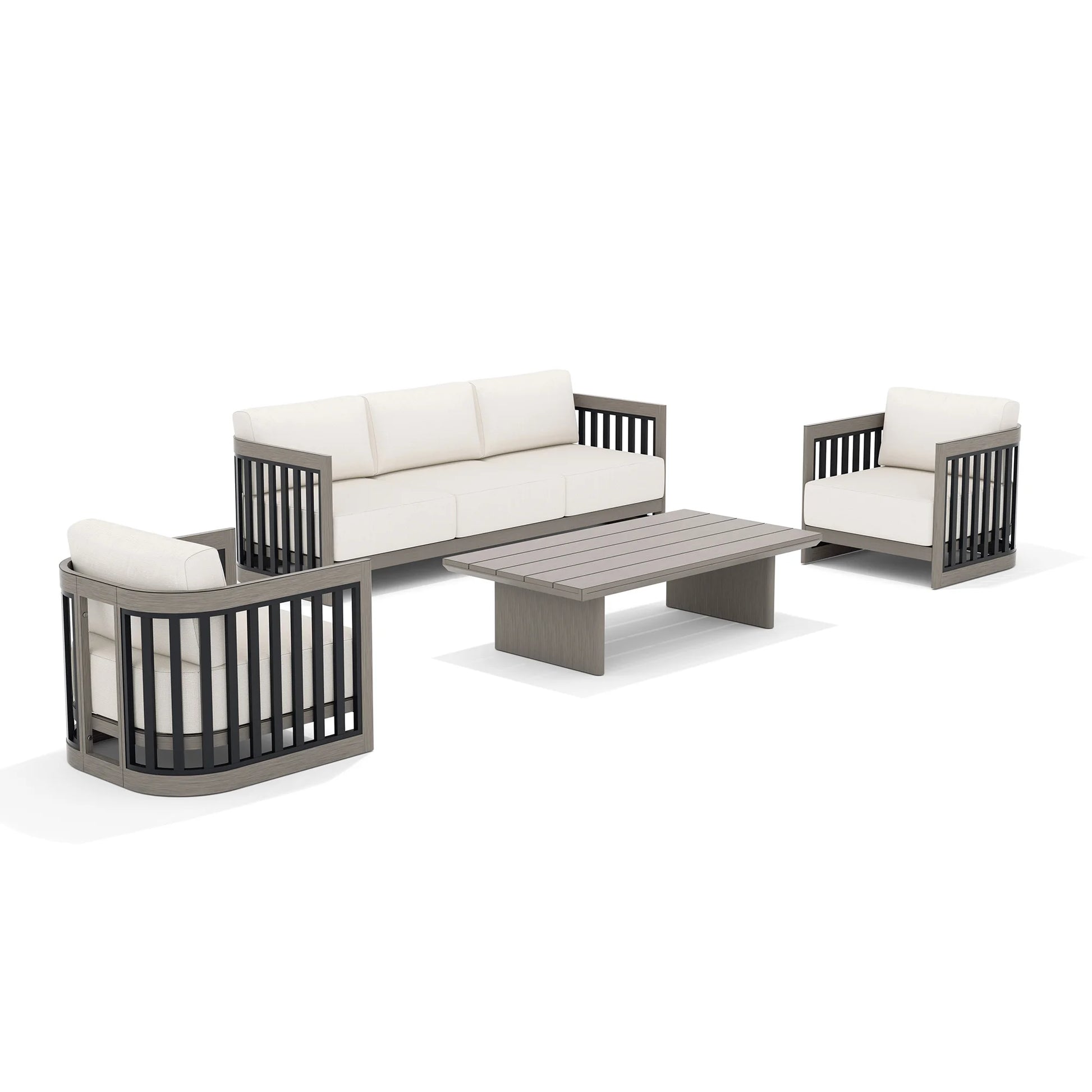 Outdoor furniture set with a sofa, two chairs, and a coffee table