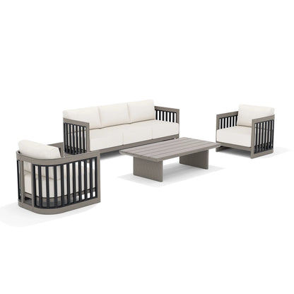 Outdoor furniture set with a sofa, two chairs, and a coffee table
