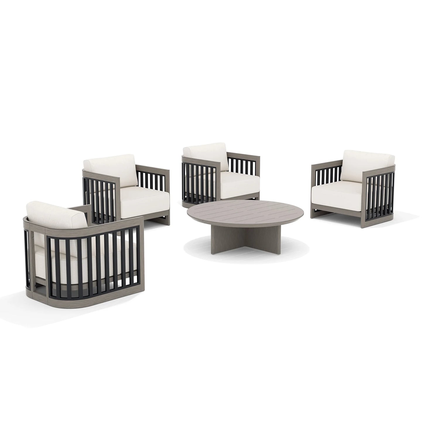 Outdoor furniture set with four chairs and a round table on a white background