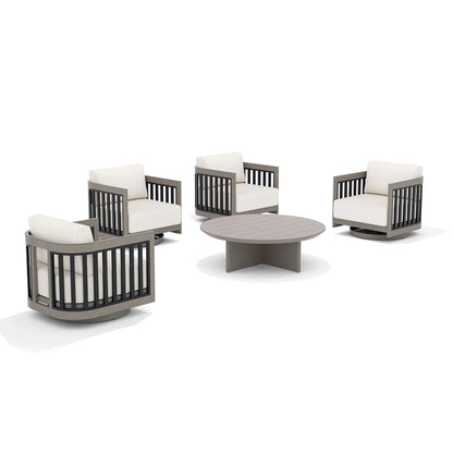 Outdoor furniture set with chairs and a round table on a white background