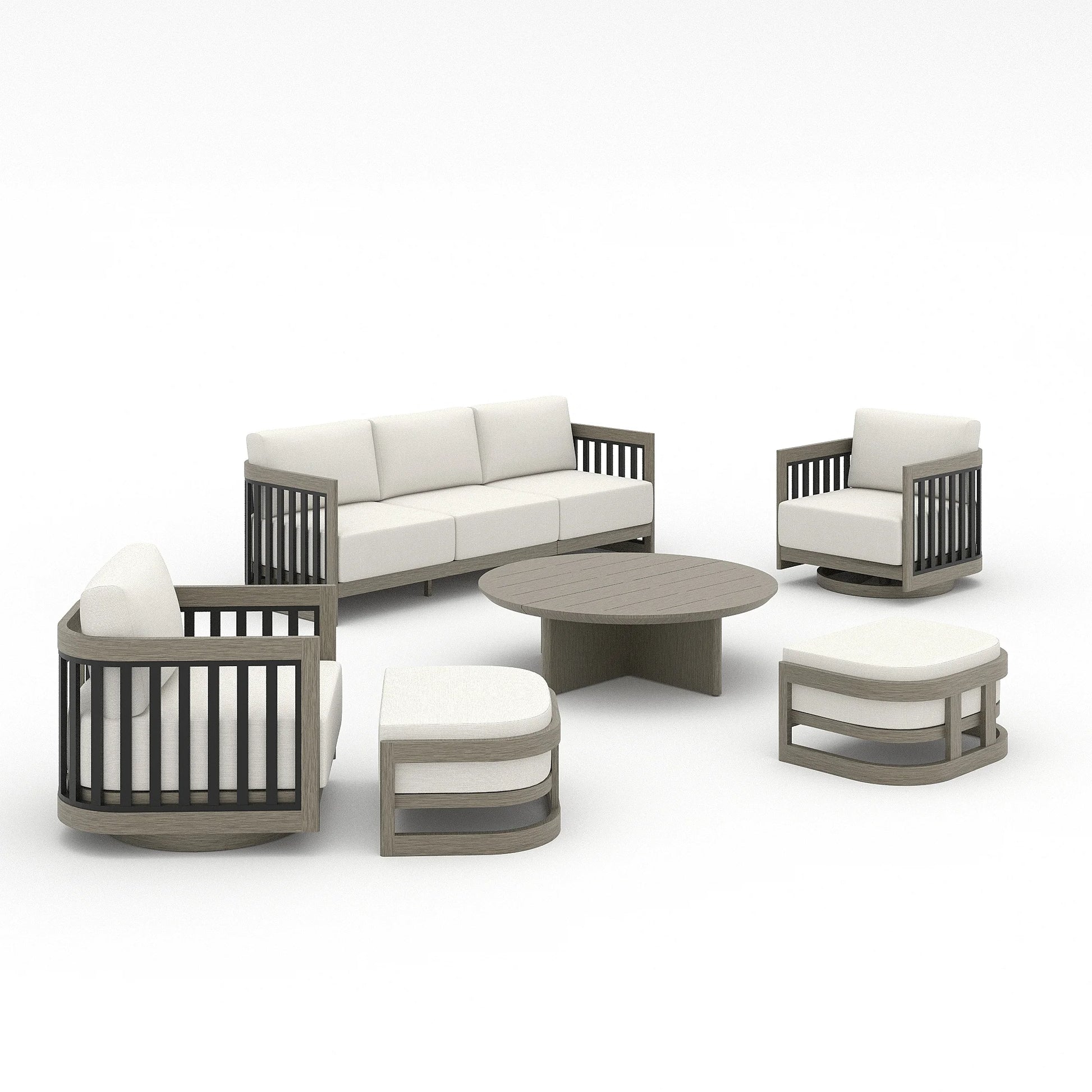 A 6-piece outdoor patio furniture set featuring a three-seat sofa, two club chairs, a round coffee table, and two ottomans, all with light gray frames and off-white cushions on a white background.