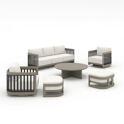 A 6-piece outdoor patio furniture set featuring a three-seat sofa, two club chairs, a round coffee table, and two ottomans, all with light gray frames and off-white cushions on a white background.