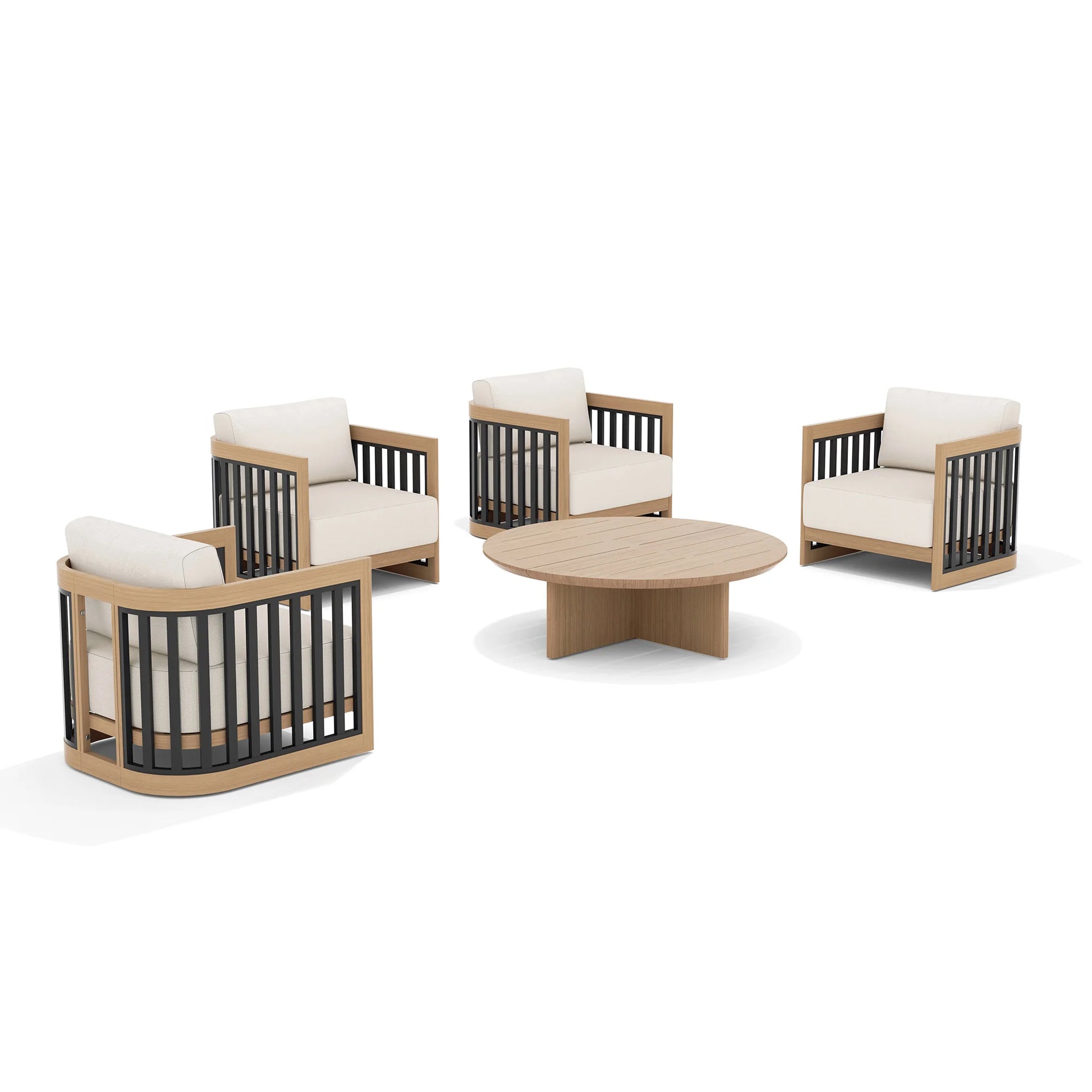 Outdoor furniture set with four chairs and a round table on a white background