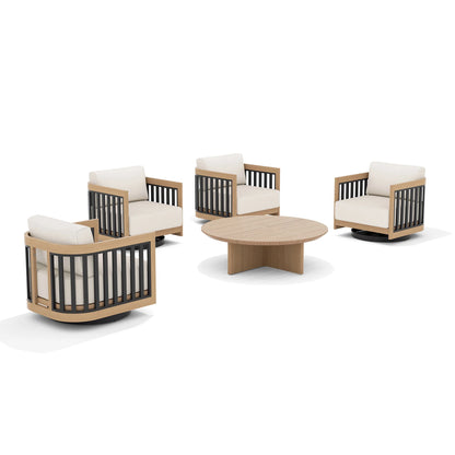 Outdoor furniture set with wooden chairs and table on a white background