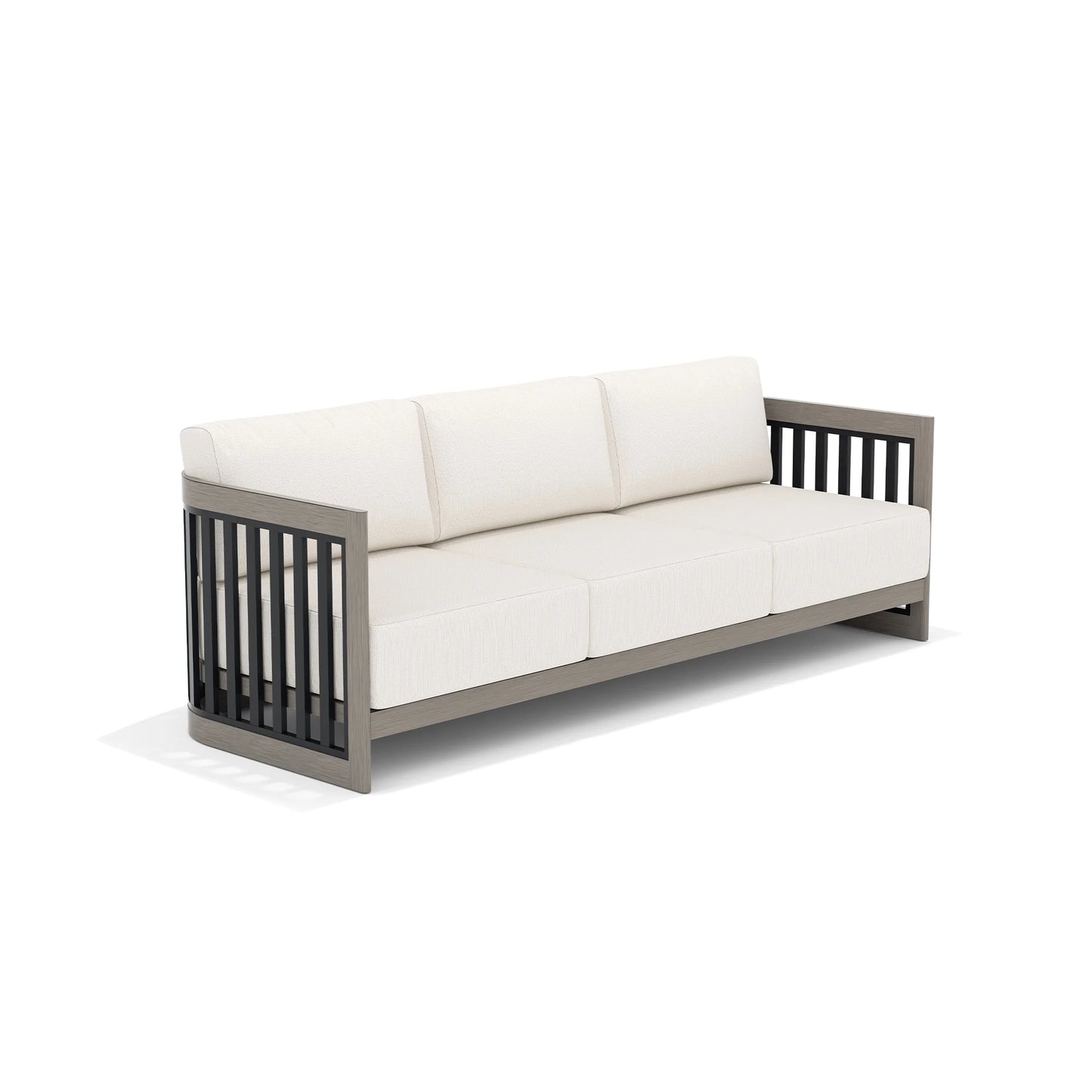 Sofa with white cushions and a dark wooden frame