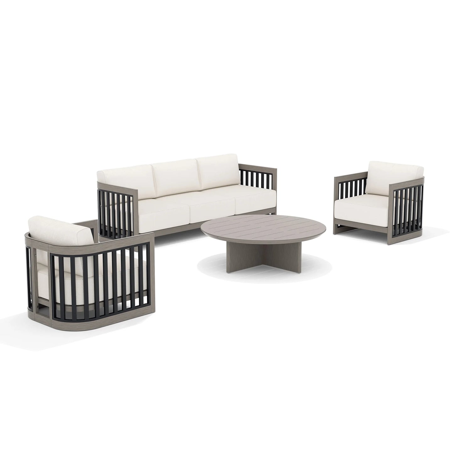 Outdoor furniture set with a sectional sofa, two chairs, and a round table