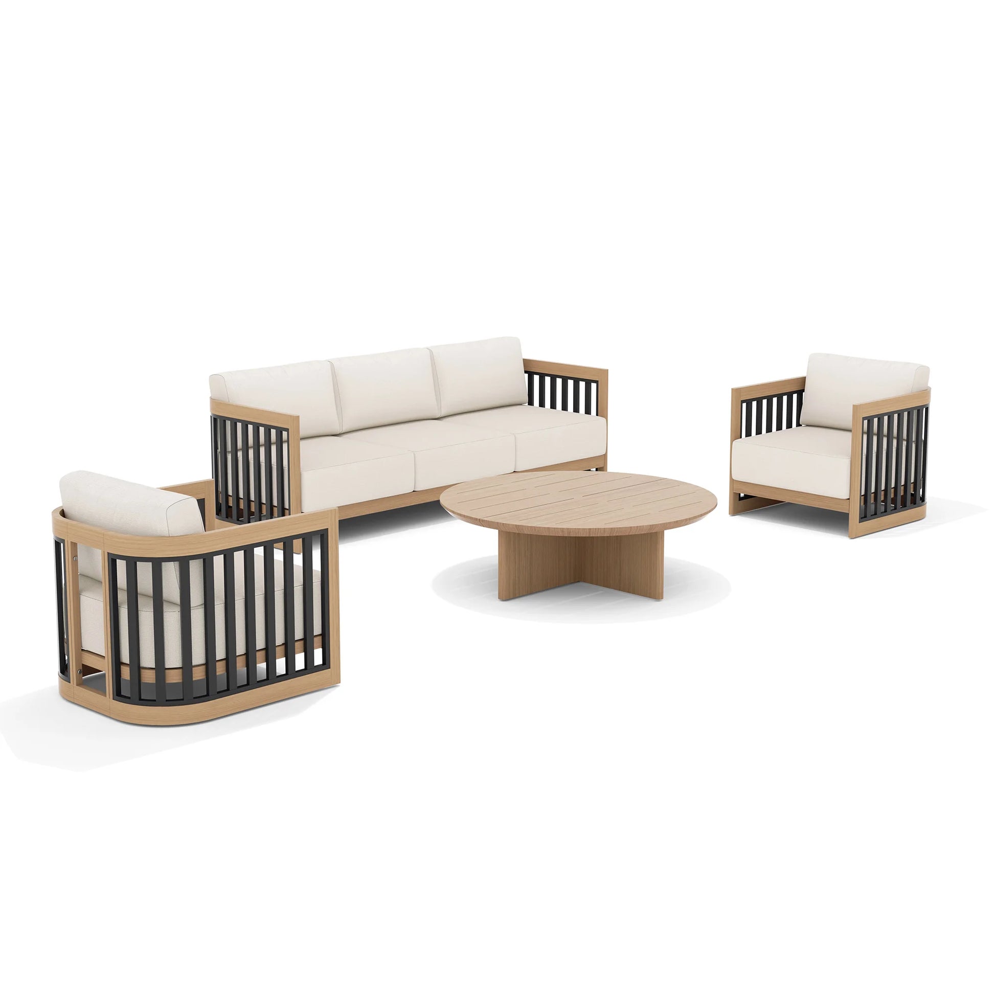 Outdoor furniture set with a sectional sofa, two armchairs, and a round table 