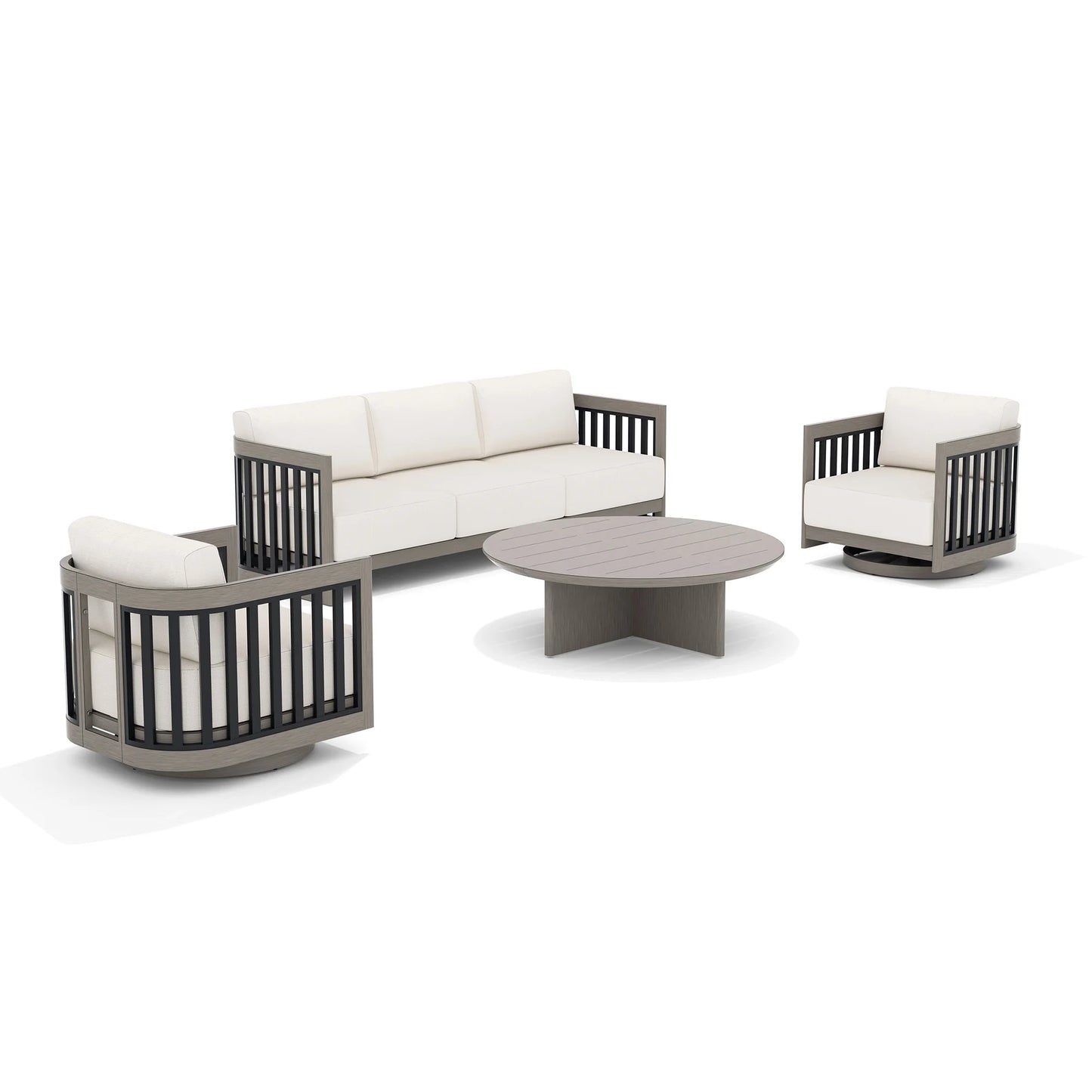 Sereno Outdoor Aluminum Sofa Set With Swivel Chairs and Round Coffee Table