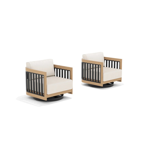 Two modern chairs with wooden frames and white cushions