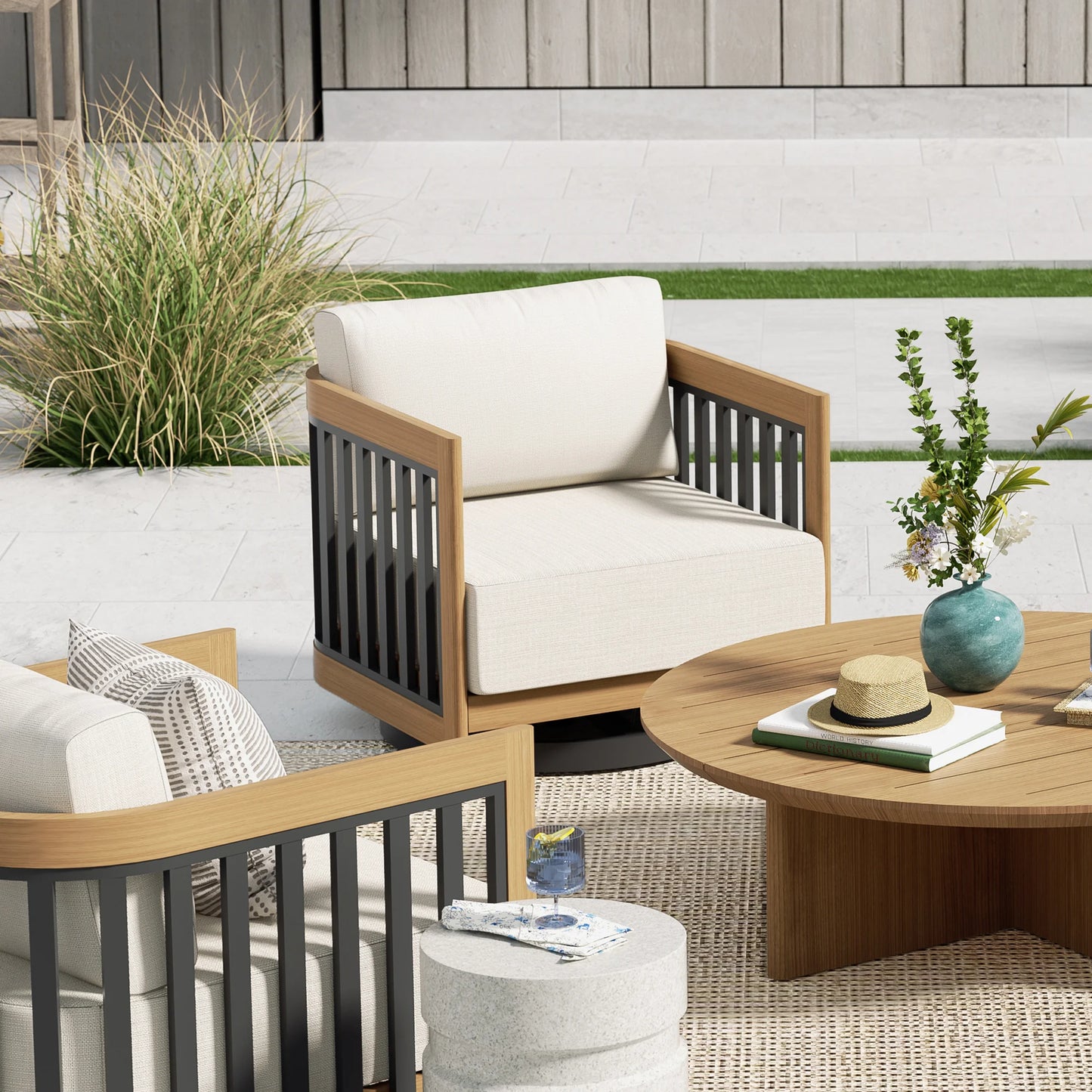 Outdoor furniture set with wooden chairs and table on a patio