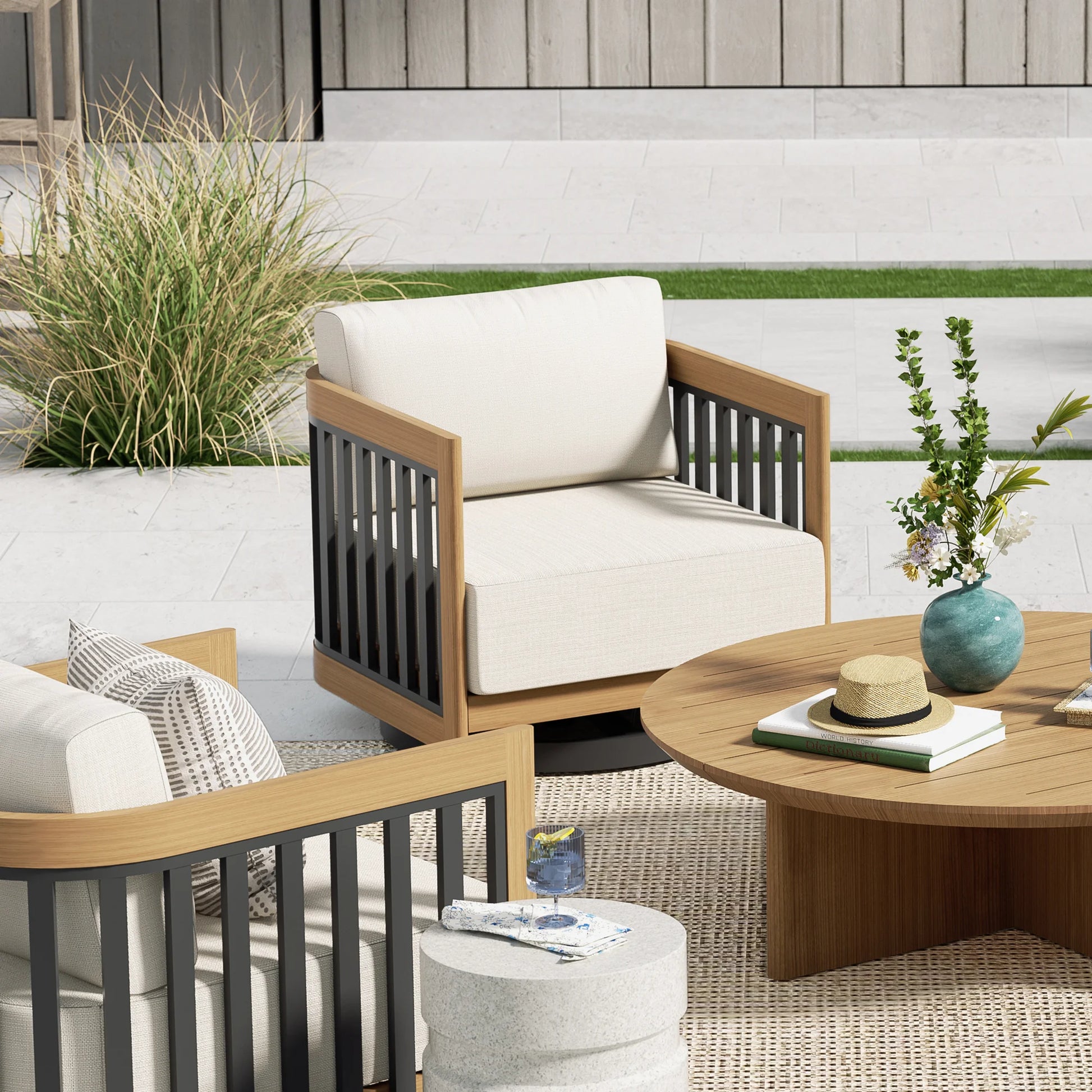 Outdoor furniture set with wooden chairs and table on a patio